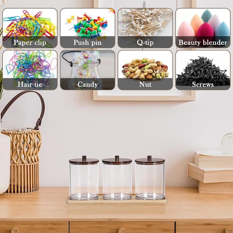 BTSKY 3 Pack PaperClip Holders with Bamboo Lids & Tray, Round Binder Holder for Desk, Clear Paper Clip Dispenser Small Office Supply Accessory Organizer Qtip Holder for Office Bathroom Vanity, Black - Image 5